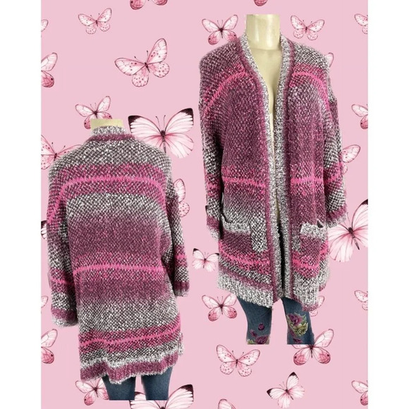 Torrid M/L Maroon-Pink Open Front Chain-Link Knit Pockets 3/4 Sleeve Cardigan - Picture 1 of 6